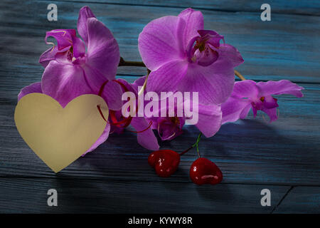 Ramo di orchidea viola su una tavola di legno sfondo blu Foto Stock