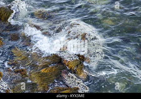 Le piccole onde che si infrangono su massi di granito sulle rive dell'isola di Mount Desert, Maine. Foto Stock