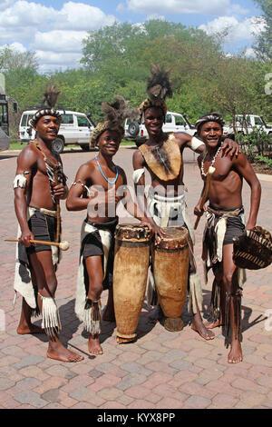 Tribali Zulu esecutori, vicino a Victoria Falls, Zimbabwe. Foto Stock