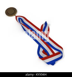Medaglia di bronzo con nastro tricolore sul bianco. 3D illustrazione Foto Stock