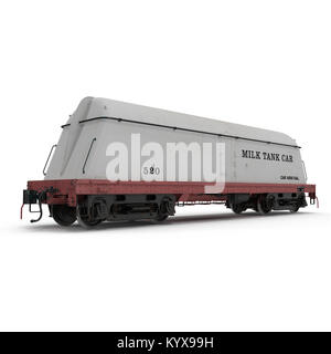 Ferrovia vetture del serbatoio per il latte isolate. 3D illustrazione Foto Stock