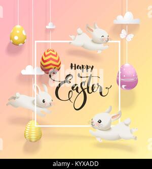 Uova colorate appeso sul thread, simpatici coniglietti salti intorno, bordo quadrato e felice Pasqua desiderio manoscritta contro giallo e rosa sfondo. Holiday illustrazione vettoriale per biglietto di auguri Illustrazione Vettoriale