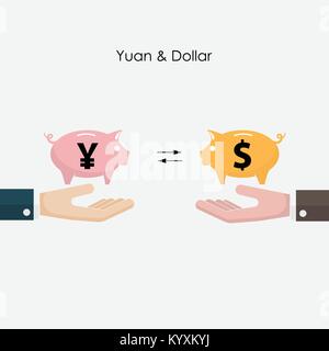 Mano umana con US dollar piggy icona e Yuan piggy sign.Dollaro e Yuan concetto exchange.gli investimenti di capitale sign.illustrazione vettoriale. Illustrazione Vettoriale