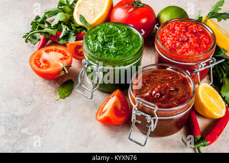 Indian cibo tradizionale, Set di tre chutney per Chaat e Sev Puri - dolce data-tamarindo, il coriandolo-verde menta e il peperoncino rosso aglio, sulla pietra beige Foto Stock