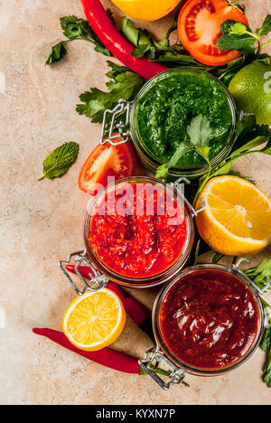 Indian cibo tradizionale, Set di tre chutney per Chaat e Sev Puri - dolce data-tamarindo, il coriandolo-verde menta e il peperoncino rosso aglio, sulla pietra beige Foto Stock