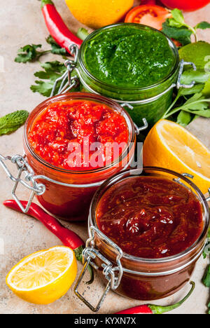 Indian cibo tradizionale, Set di tre chutney per Chaat e Sev Puri - dolce data-tamarindo, il coriandolo-verde menta e il peperoncino rosso aglio, sulla pietra beige Foto Stock