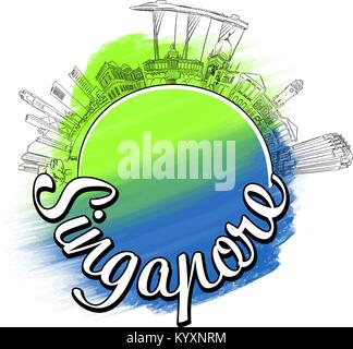 Singapore logo viaggio sketch. Skyline illustrazione vettoriale con acquarello e sullo sfondo di un refuso. Illustrazione Vettoriale