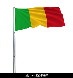 Isolare la bandiera del Mali su un pennone che fluttua nel vento su uno sfondo bianco, rendering 3D Foto Stock