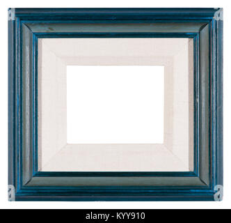 Empty picture frame isolati su bianco in un distressed blu finitura verniciata con un punto di montaggio Foto Stock