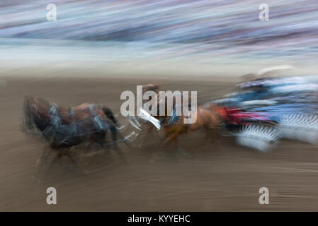 Moto sfocata vista di chuckwagons racing durante la Calgary Stampede, Calgary, Alberta, Canada Foto Stock