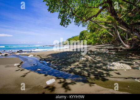 Spiaggia e piccolo ruscello dal maritime la foresta pluviale del Parco Nazionale di Corcovado sulla penisola di Osa in Costa Rica Foto Stock