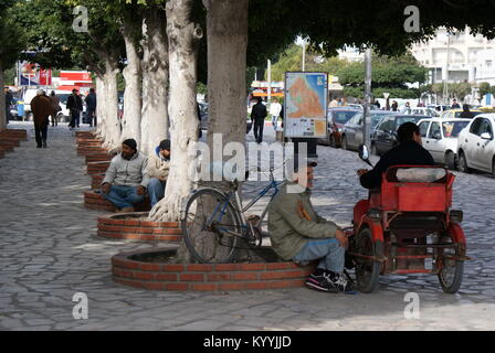 I locali parlano seduti all'ombra di alberi, Sousse, Tunisia Foto Stock