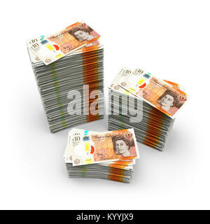 Pile di dieci note Pound Sterling su uno sfondo bianco che illustra il salvataggio o di debito - Nuovo design 2017 Foto Stock