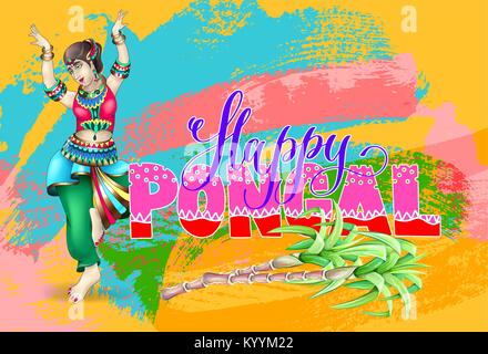 Felice Pongal - Arte contemporanea celebrazione design al sud indiane festival invernale sui tratti di pennello sfondo con donne che danzano, illustrazione vettoriale Illustrazione Vettoriale