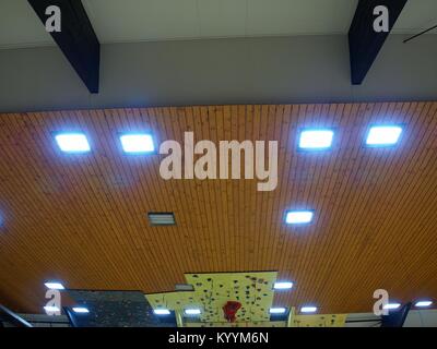Soffitto in legno con pannelli di illuminazione. Le lampade fluorescenti sul soffitto moderno. Soffitto luminoso di mattonelle quadrate. Foto Stock