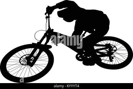 Ciclista jump downhill mountain bike silhouette nera Illustrazione Vettoriale