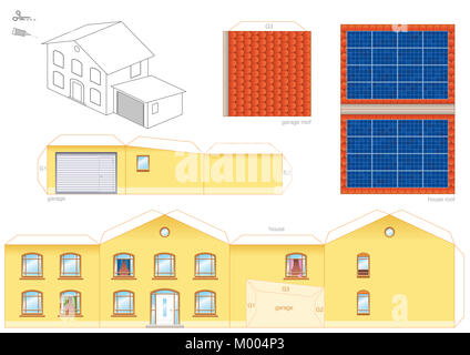 Papercraft modello di una casa con collettori termici solari sul tetto, la tecnologia fotovoltaica - foglio ritagliato di per la realizzazione di un modello in scala house. Foto Stock