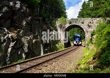 NEJDEK, Repubblica Ceca - 23 Luglio: Ceske drahy ferroviaria CD Carrier Compagnia treno passa sotto il romantico ponte in pietra bella foresta nei Monti metalliferi Foto Stock