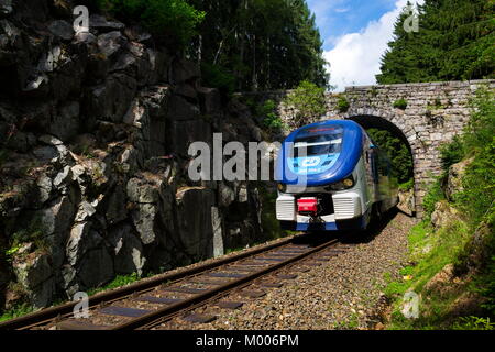 NEJDEK, Repubblica Ceca - 23 Luglio: Ceske drahy ferroviaria CD Carrier Compagnia treno passa sotto il romantico ponte in pietra bella foresta nei Monti metalliferi Foto Stock