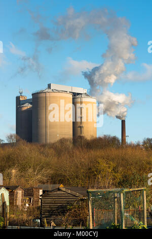 Muggito di fumo al di fuori di un camino presso British Sugar factory a Bury St Edmunds, Suffolk, East Anglia, Inghilterra, Regno Unito. Foto Stock