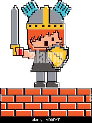 Carattere di pixel knight con un muro di mattoni gioco Illustrazione Vettoriale