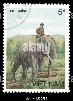 Vietnam - timbro stampato in1987, serie animali mammiferi, elefante asiatico, Elephas maximus Foto Stock