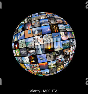 Big Multimedia Video Sfera a muro a schermi tv che mostra che vivono nel mondo Foto Stock