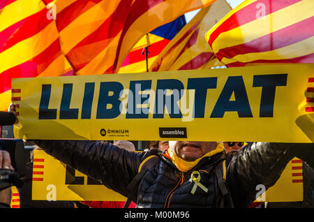 Barcellona, in Catalogna, Spagna. Xvii gen, 2018. Un pro-indipendenza sostenitore visto che mostra un poster con il testo la libertà di scrittura su di esso. Con gli accessi al Parlamento arrestato dalla polizia, Catalano sovereigntists organizzazioni hanno concentrato al di fuori del motivo del parco. Credito: ZUMA Press, Inc./Alamy Live News Foto Stock