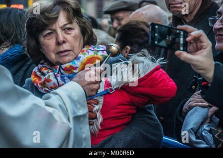 Madrid, Spagna, 17 gennaio, 2018. San Anton giorno la sua circa a benedire gli animali dalla Chiesa cattolica in Spagna, popolo di andare alla chiesa di benedire gli animali Credito: Alberto Ramírez Sibaja/Alamy Live News Foto Stock