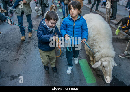 Madrid, Spagna, 17 gennaio, 2018. San Anton giorno la sua circa a benedire gli animali dalla Chiesa cattolica in Spagna, popolo di andare alla chiesa di benedire gli animali Credito: Alberto Ramírez Sibaja/Alamy Live News Foto Stock