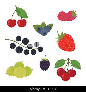 Bacche Imposta Illustrazione Vettoriale. Fragola, mora, mirtillo e ciliegia, lampone, ribes, uva spina. Le bacche e le loro combinazioni impostate Illustrazione Vettoriale