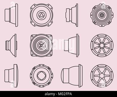 Insieme di sistemi audio per auto icone. Driver altoparlante. Vettore di linea sottile Illustrazione Vettoriale