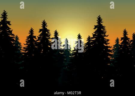 Paesaggio con la foresta di conifere sotto il cielo mattutino all'alba e la luce del sole - il vettore Illustrazione Vettoriale