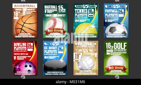 Sport poster vettore Set. Golf, Baseball, Hockey su ghiaccio, Bocce, Basket, Tennis, Calcetto. Design per lo Sport Bar promozione. Palla da bowling. Torneo di moderno. Per il formato A4. Campionato illustrazione Flyer Illustrazione Vettoriale