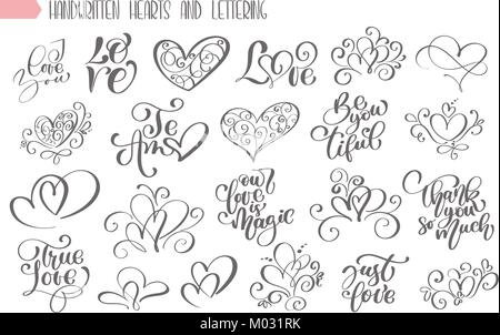Set di grande scritto a mano scritte circa l amore per il giorno di san valentino e di cuore design poster, Cartolina photo album, banner, fiorire calligraphy illustrazione vettoriale collection Illustrazione Vettoriale