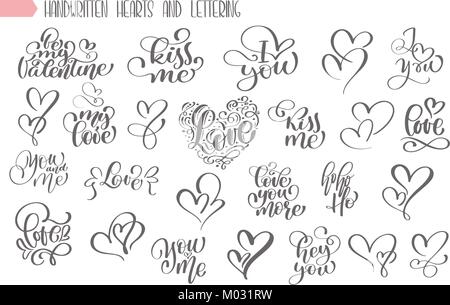 Set di grande scritto a mano scritte circa l amore per il giorno di san valentino e di cuore design poster, Cartolina photo album, banner, fiorire calligraphy illustrazione vettoriale collection Illustrazione Vettoriale