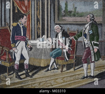 Abdications della Famiglia Reale Spagnola, Bayonne, Francia. 1808. Napoleone, Ferdinando VII e Carlo IV. Foto Stock