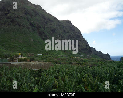Una vista di Buenavista del Norte a Tenerife, Spagna, guardando verso Punta de Teno. Questa regione è conosciuta per i suoi paesaggi mozzafiato e le vedute costiere, che attirano i visitatori per la sua bellezza naturale. Foto Stock