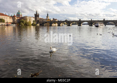Il famoso Ponte di Carlo e il fiume Moldava a Praga in un pomeriggio d'autunno. Foto Stock