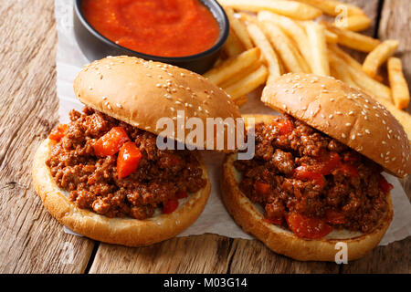 American nutriente panini Joe sciatta e patatine fritte, ketchup closeup sul tavolo orizzontale. Foto Stock