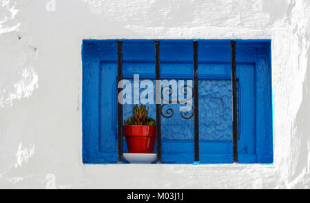 Colorato nella finestra blu impostato nel muro bianco in Torrox Pueblo, Andalusia, Spagna in una giornata di sole Foto Stock