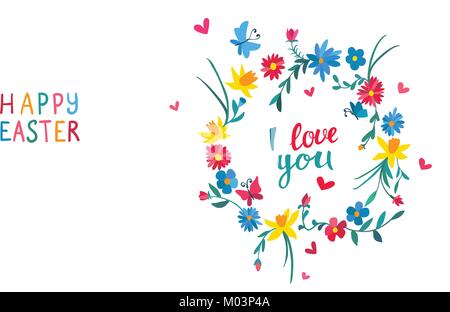 Scheda floreale con fiori luminosi, farfalle, cuori e scritto a mano scritte Illustrazione Vettoriale