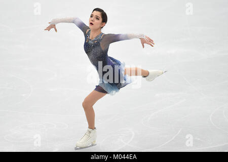 Mosca, Russia. 18 gennaio, 2018. Evgenia Medvedeva della Russia compie durante il ladies breve programma la concorrenza dell'ISU Europei di Pattinaggio di figura i campionati a Mosca, in Russia, a gennaio 18, 2018. Credito: Evgeny Sinitsyn/Xinhua/Alamy Live News Foto Stock
