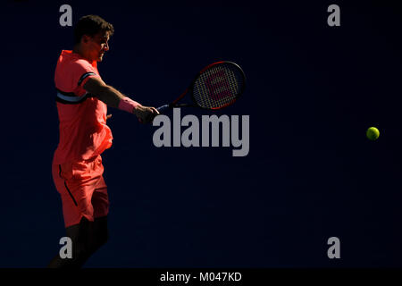 Melbourne, Australia. Xix gen, 2018. 19 gennaio 2018: terzo seme Grigor Dimitrov della Bulgaria in azione in un terzo round match contro Andrey Rublev della Russia il giorno cinque del 2018 Australian Open Grand Slam torneo di tennis a Melbourne, Australia. Dimitrov ha vinto 63 46 64 64. Sydney bassa/Cal Sport Media Credito: Cal Sport Media/Alamy Live News Foto Stock