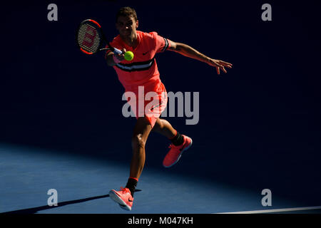 Melbourne, Australia. Xix gen, 2018. 19 gennaio 2018: terzo seme Grigor Dimitrov della Bulgaria in azione in un terzo round match contro Andrey Rublev della Russia il giorno cinque del 2018 Australian Open Grand Slam torneo di tennis a Melbourne, Australia. Dimitrov ha vinto 63 46 64 64. Sydney bassa/Cal Sport Media Credito: Cal Sport Media/Alamy Live News Foto Stock