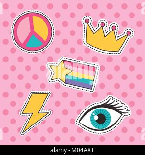 Set di patch o adesivi Cartoon carino icone Polka Dots Illustrazione Vettoriale