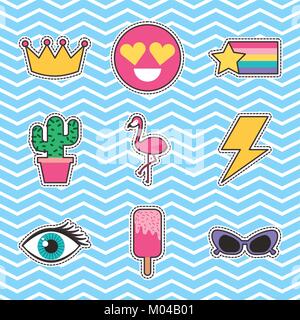 Set di patch o adesivi Cartoon carino icone Illustrazione Vettoriale