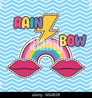 Carino patch bocca badge rainbow thunderbolt moda di prua Illustrazione Vettoriale