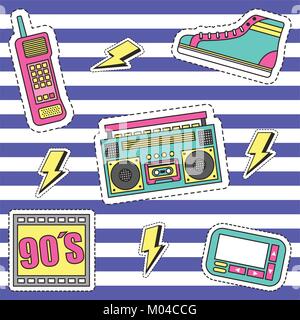 Moda 90s patch elementi rétro raccolta strisce sullo sfondo Illustrazione Vettoriale