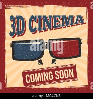 Il cinema 3d prossimamente bicchieri poster in stile retrò Illustrazione Vettoriale